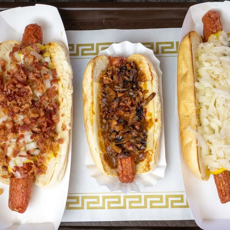 Three hot dogs on a tray, topped with bacon and onions, caramelized onions and mushrooms, and shredded cabbage.