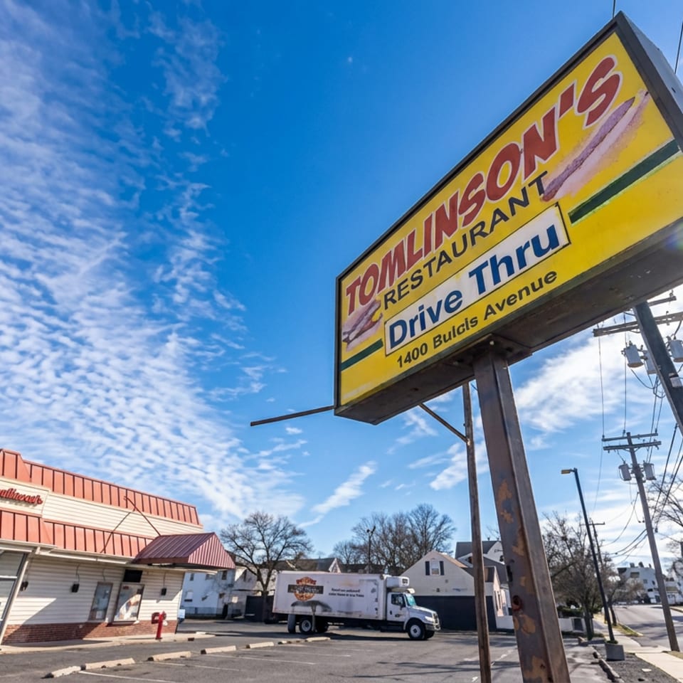 Tomlinson's Restaurant drive-thru sign beside a low-rise restaurant, parking lot, delivery truck, utility poles, and residential neighborhood under blue sky.