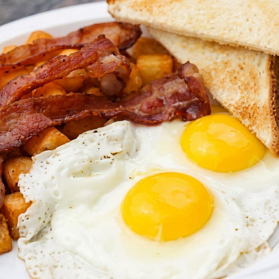 Breakfast plate with two sunny-side-up eggs, crispy bacon, roasted potatoes, and toasted bread.