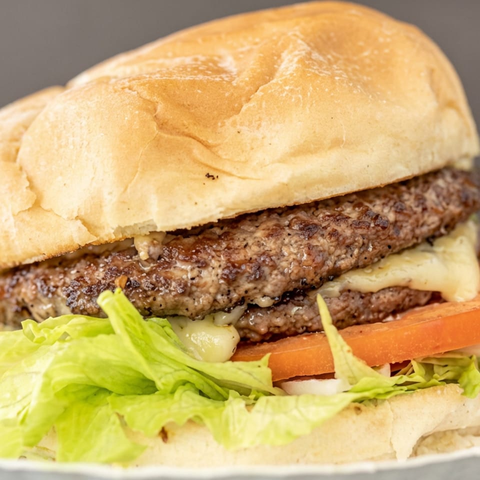 Double beef burger with lettuce, tomato, onion, and melted cheese on a toasted bun, served on a white plate.