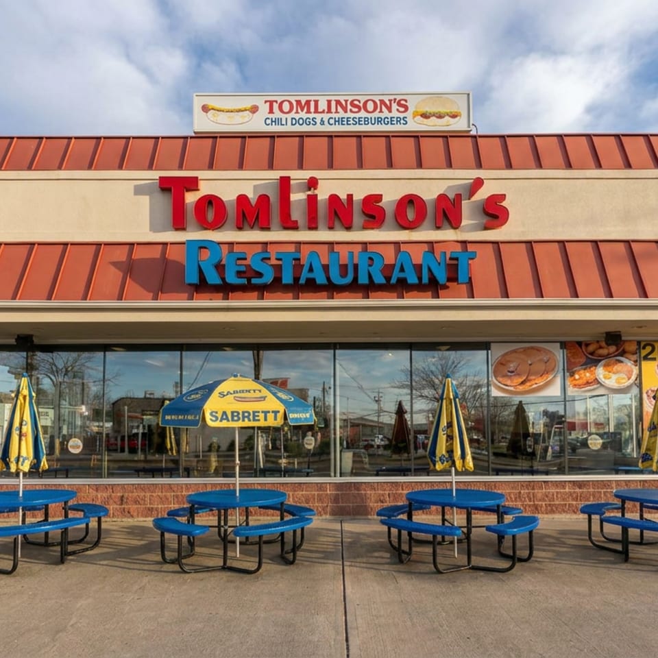 Tomlinson’s Restaurant exterior with red awnings, blue picnic tables, yellow umbrellas, and signage advertising chili dogs and cheeseburgers.
